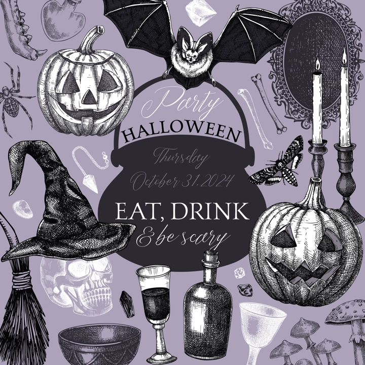 Vintage Halloween frame design. Hand-drawn vector illustration. Skull, bones, pumpkin, poisons, cauldron sketch. Witch party invitation, poster, card. Not AI generated
